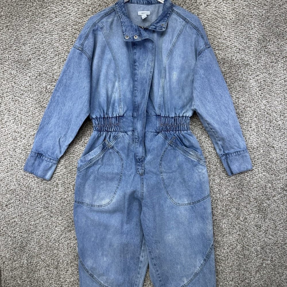 Forever 21 Denim Overalls Women's 0X Dnle Acid Washed Denim Half Zip Stretch Y2K